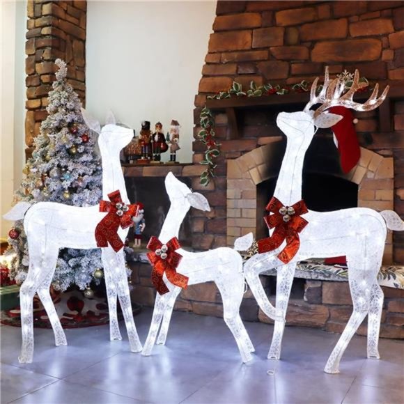Set of 3 Pre-lit White Reindeer with 265 LEDs White Lights, 3D Light Up - Picture 2 of 6